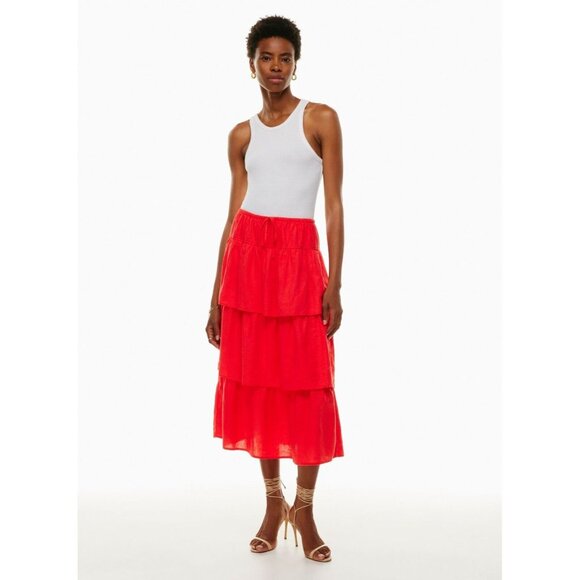 NWT Aritzia WILFRED Century Maraschino Red Linen Tiered Midi Skirt, Size XS - Picture 12 of 16